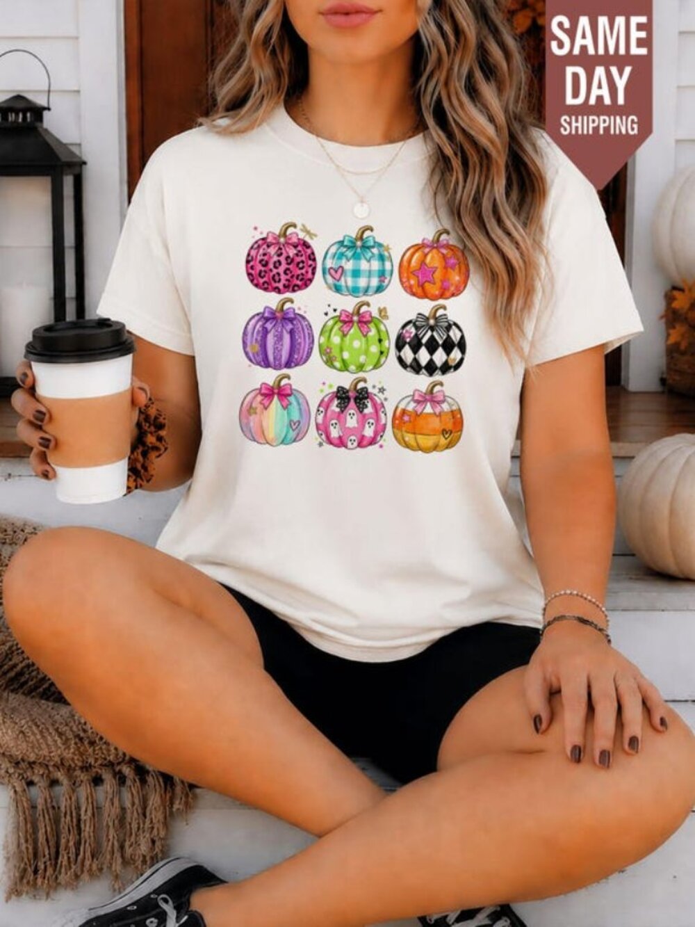 Coquette Pumpkin Halloween Shirt, Colorful Bow Pumpkin Grid Tee
